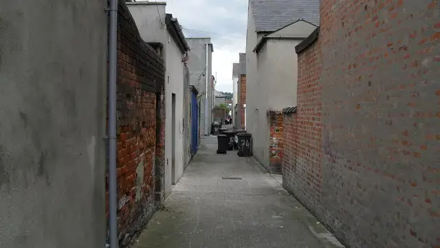 A narrow entry running between the backs of terraced houses in Belfast