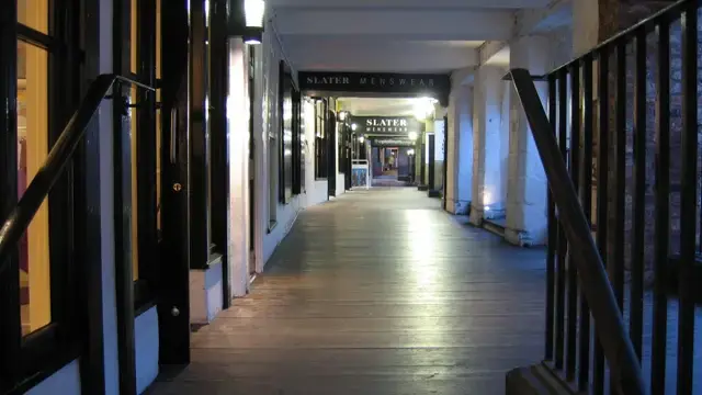 The two-level medieval galleried walkway of Bridge Street Row in Chester