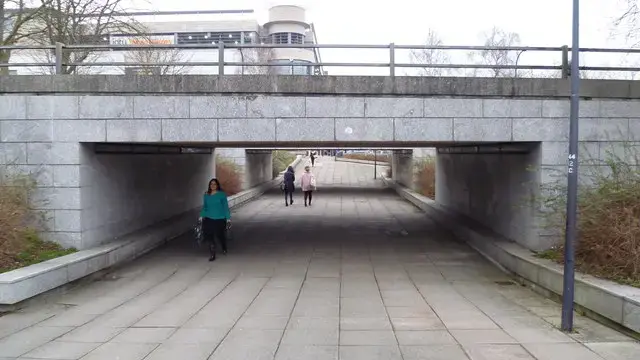 A pedestrian underpass beneath a grid road in central Milton Keynes