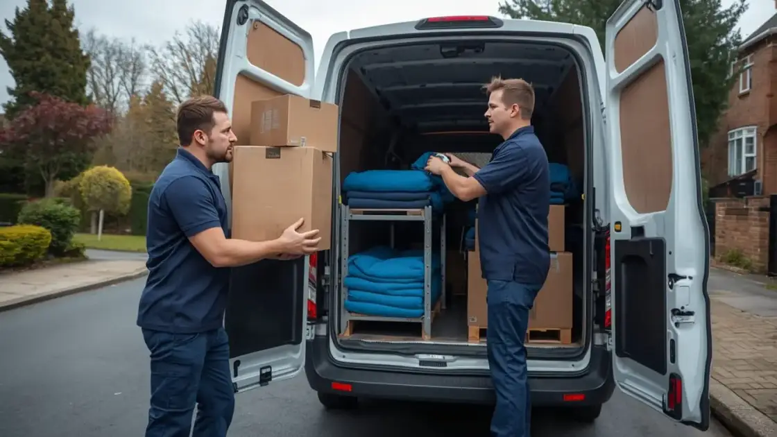 Two removals staff loading boxes into a van outside a house