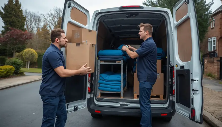 Professional packers loading boxes for a removal to France