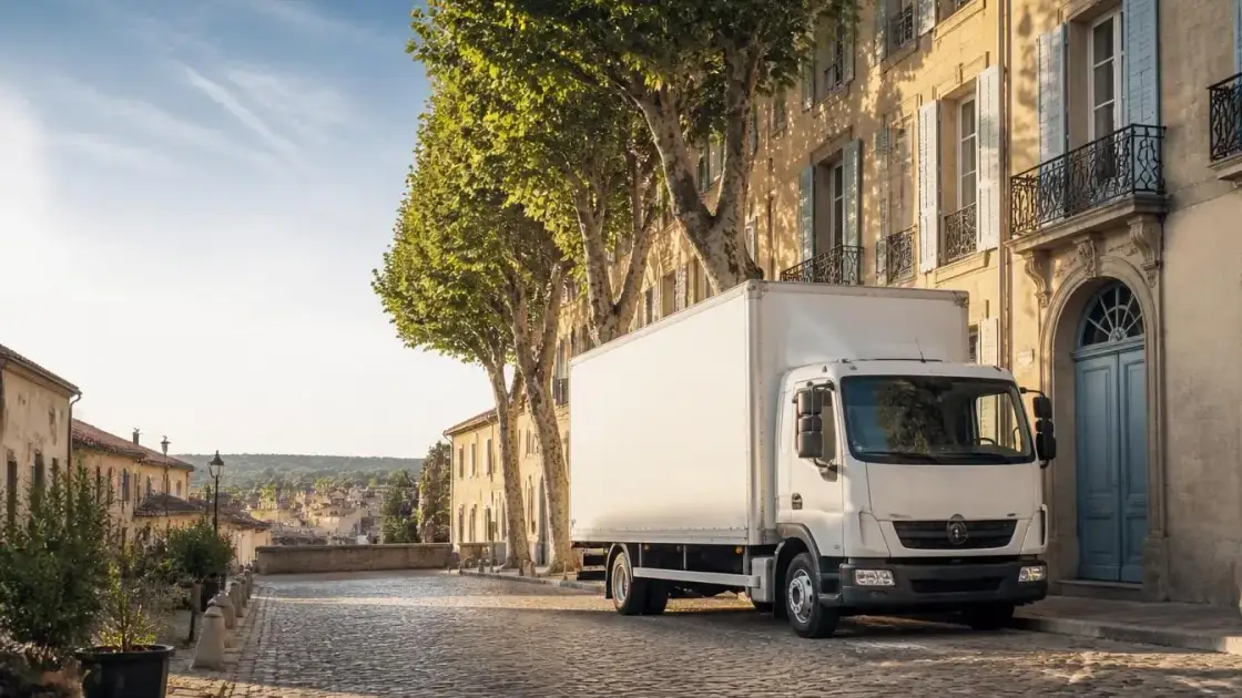 A removal lorry parked on a Continental street during an international move