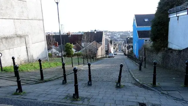 The steeply climbing terraced street of Constitution Hill in Swansea