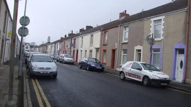 A terraced street in Swansea rising from the city centre